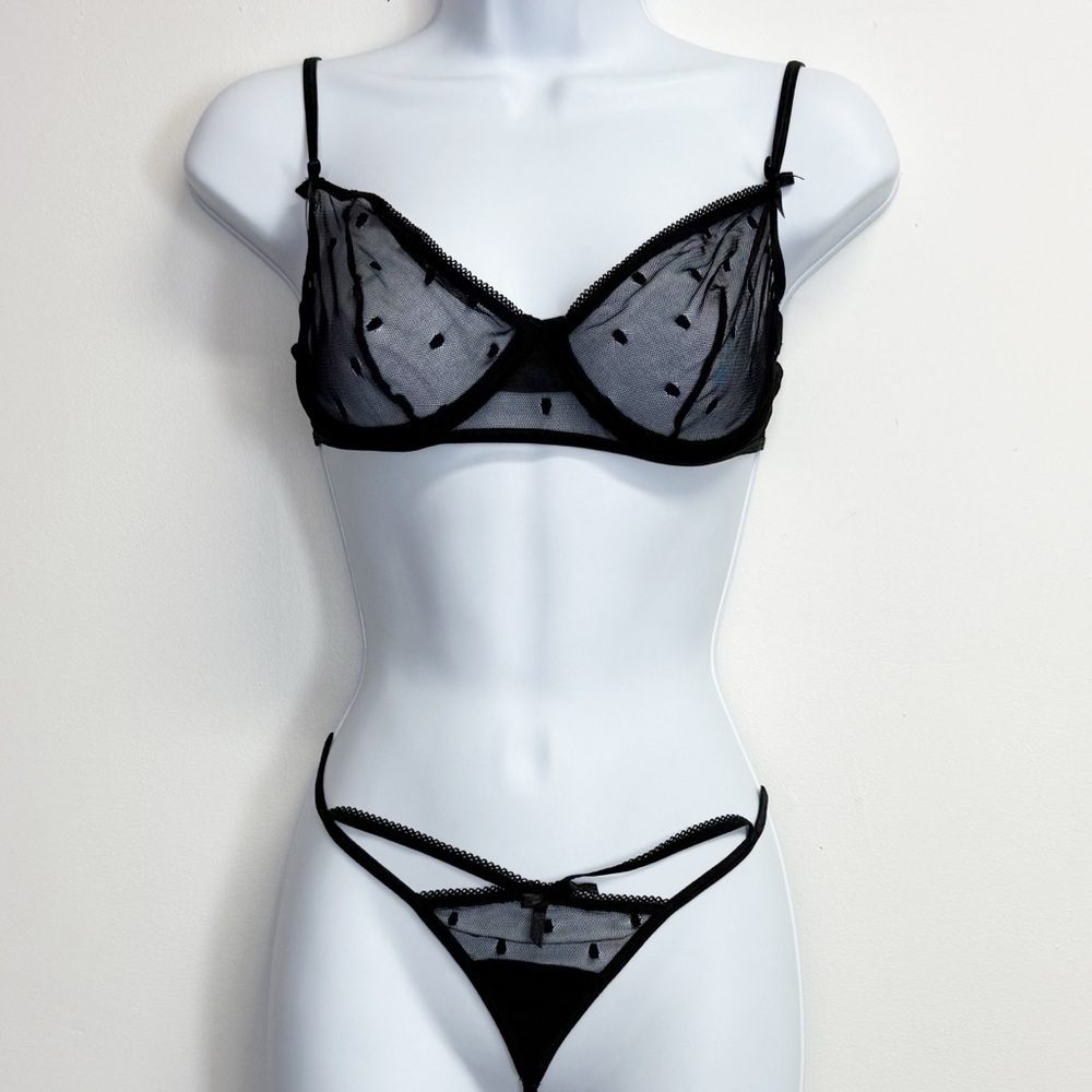 NEW Mapale Sheer Mesh Thong Bra Set Womens M / L Black NWOT
